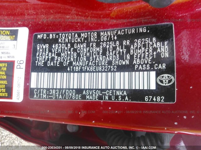 4T1BF1FK6EU832752 - 2014 TOYOTA CAMRY L/SE/LE/XLE 红色 照片 9