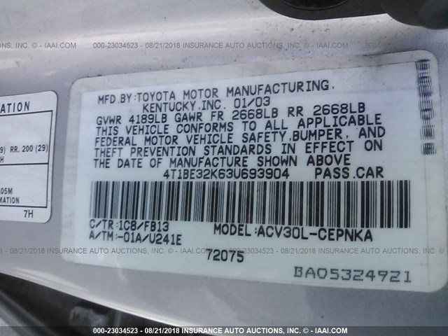 4T1BE32K63U693904 - 2003 TOYOTA CAMRY LE/XLE/SE 银色 照片 9