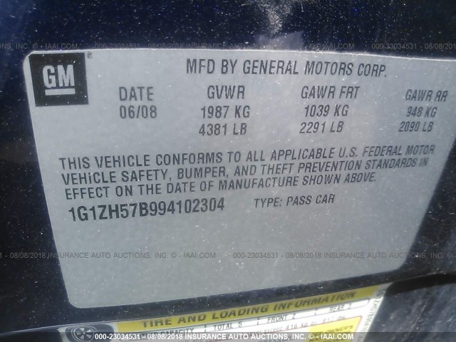 1G1ZH57B994102304 - 2009 CHEVROLET MALIBU 1LT ლურჯი ფოტო 9