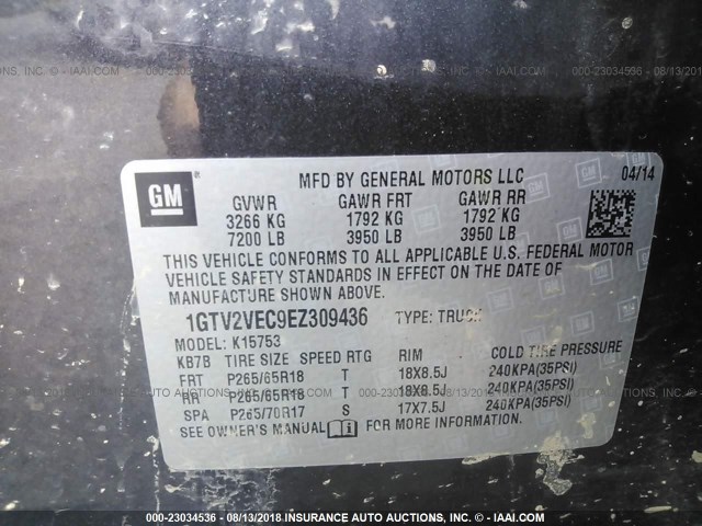 1GTV2VEC9EZ309436 - 2014 GMC SIERRA K1500 SLT GRAY photo 9