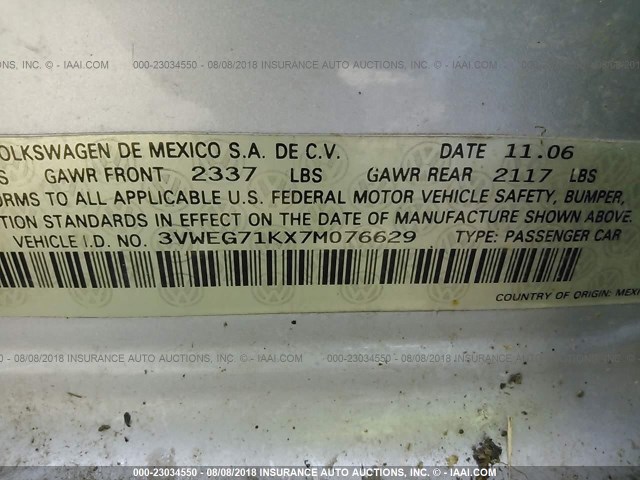 3VWEG71KX7M076629 - 2007 VOLKSWAGEN JETTA WOLFSBURG 银色 照片 9