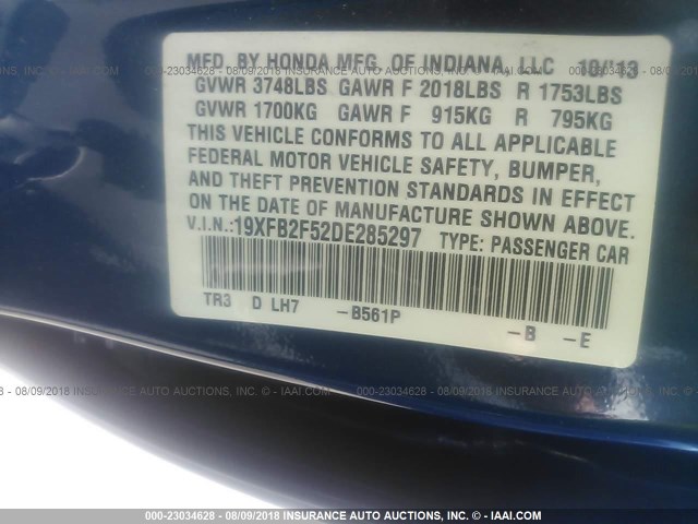 19XFB2F52DE285297 - 2013 HONDA CIVIC LX BLUE photo 9