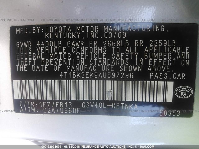 4T1BK3EK9AU597296 - 2010 TOYOTA CAMRY SE/LE/XLE SILVER photo 9