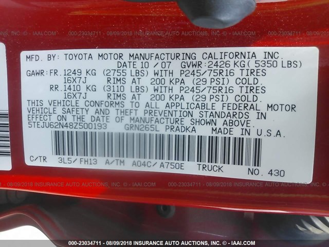 5TEJU62N48Z500193 - 2008 TOYOTA TACOMA DOUBLE CAB PRERUNNER RED photo 9