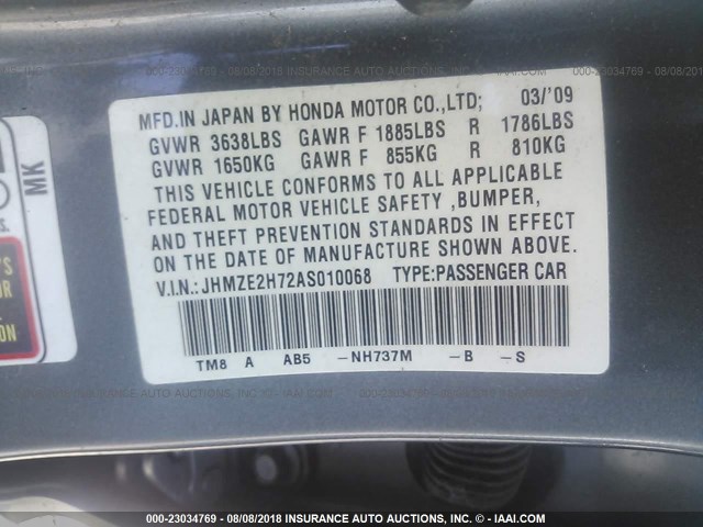 JHMZE2H72AS010068 - 2010 HONDA INSIGHT EX GRAY photo 9