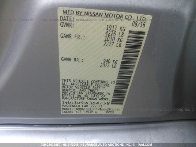 1N4AL3AP9GN384758 - 2016 NISSAN ALTIMA 2.5/S/SV/SL/SR SILVER photo 9