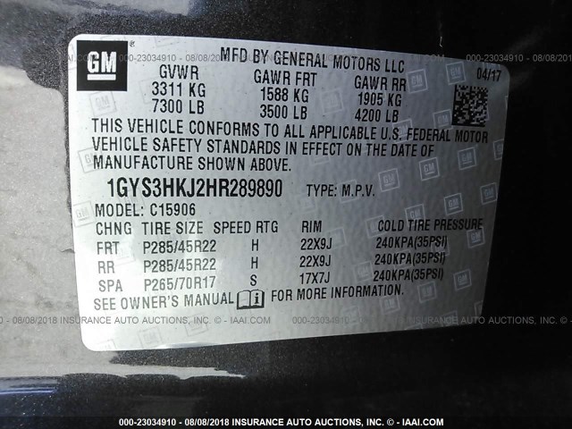 1GYS3HKJ2HR289890 - 2017 CADILLAC ESCALADE ESV LUXURY GRAY photo 9