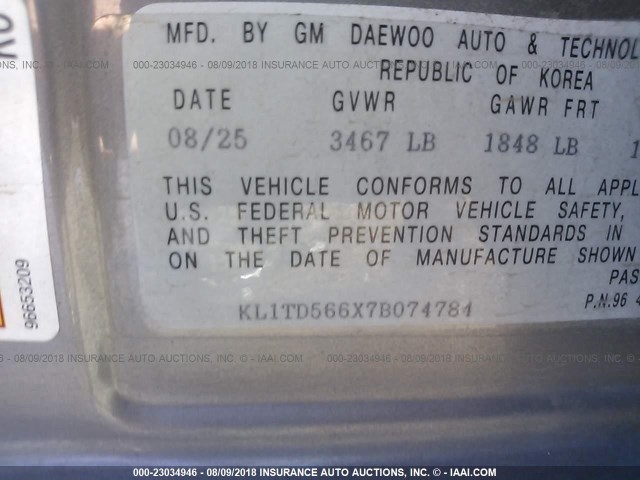 KL1TD566X7B074784 - 2007 CHEVROLET AVEO LS GRAY photo 9