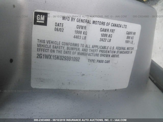 2G1WX15K029391092 - 2002 CHEVROLET MONTE CARLO SS ვერცხლისფერი ფოტო 9