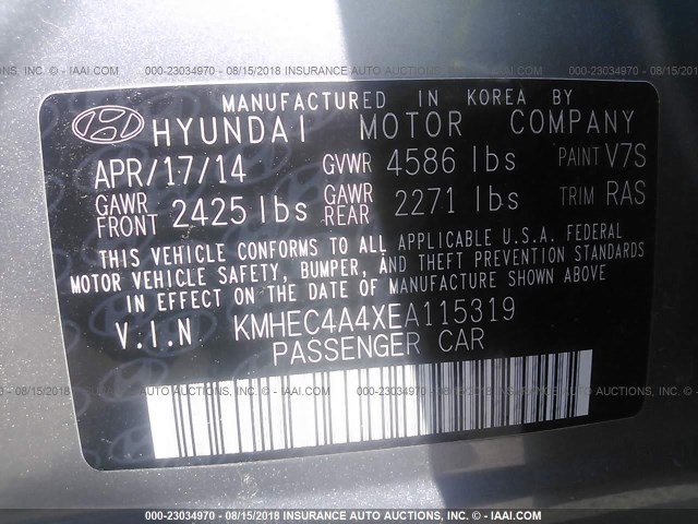 KMHEC4A4XEA115319 - 2014 HYUNDAI SONATA HYBRID SILVER photo 9