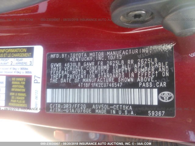 4T1BF1FK2EU746547 - 2014 TOYOTA CAMRY L/SE/LE/XLE RED photo 9