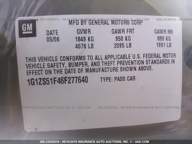 1G1ZS51F46F277640 - 2006 CHEVROLET MALIBU LS მწვანე ფოტო 9