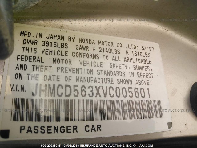 JHMCD563XVC005601 - 1997 HONDA ACCORD LX/EX SILVER photo 9