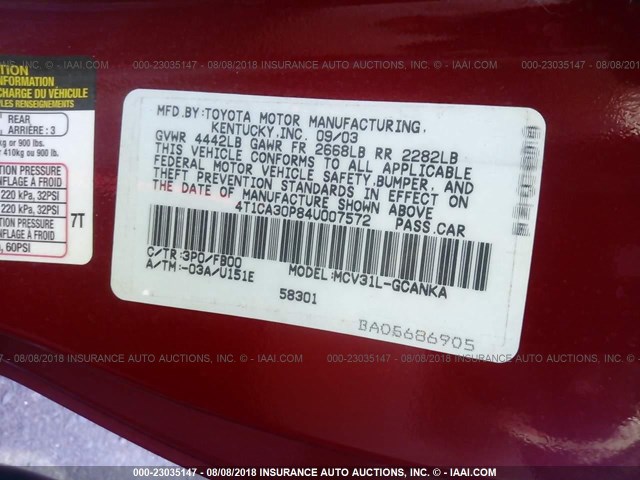 4T1CA30P84U007572 - 2004 TOYOTA CAMRY SOLARA SE/SLE წითელი ფოტო 9