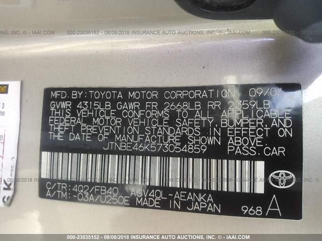 JTNBE46K573054859 - 2007 TOYOTA CAMRY NEW GENERAT CE/LE/XLE/SE GOLD photo 9