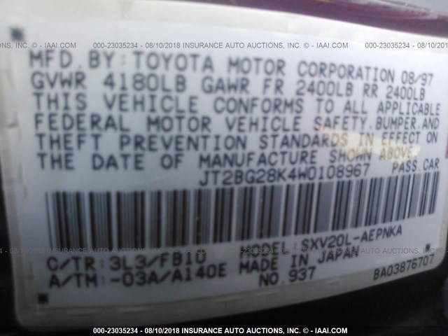 JT2BG28K4W0108967 - 1998 TOYOTA CAMRY LE/XLE RED photo 9