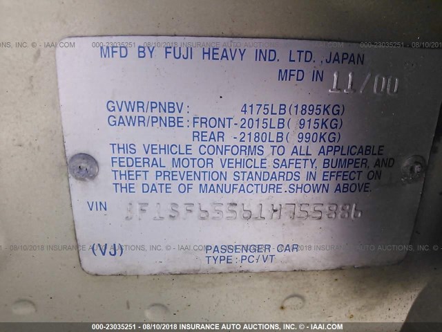 JF1SF65561H755886 - 2001 SUBARU FORESTER S GREEN photo 9