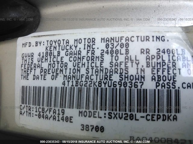 4T1BG22K8YU690367 - 2000 TOYOTA CAMRY CE/LE/XLE 银色 照片 9