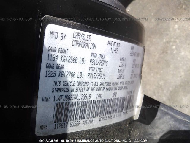 1J4FJ68S5WL173918 - 1998 JEEP CHEROKEE SPORT/CLASSIC ლურჯი ფოტო 9