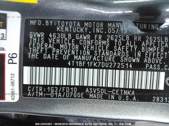 4T1BF1FK7DU272514 - 2013 TOYOTA CAMRY L/SE/LE/XLE 灰色 照片 9