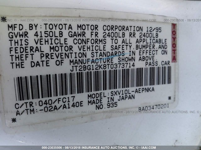 JT2BG12K8T0373714 - 1996 TOYOTA CAMRY DX/LE/XLE თეთრი ფოტო 9