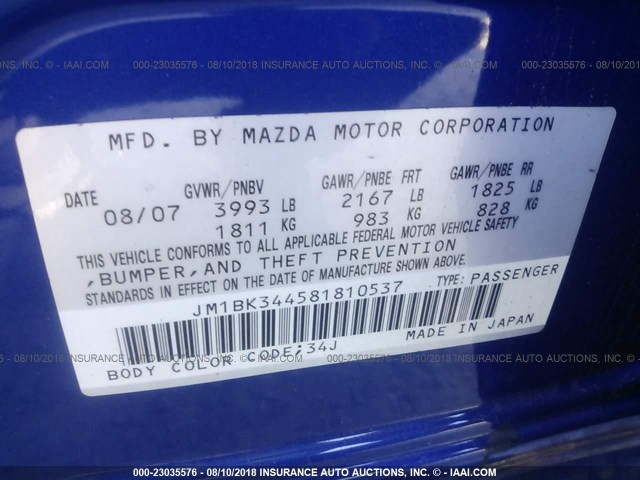 JM1BK344581810537 - 2008 MAZDA 3 HATCHBACK BLUE photo 9