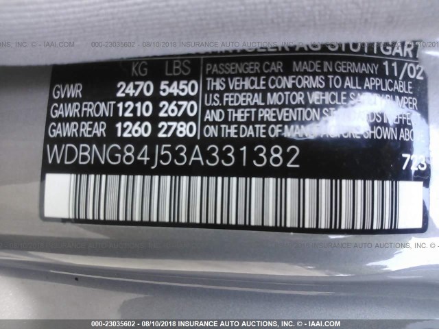 WDBNG84J53A331382 - 2003 MERCEDES-BENZ S 500 4MATIC SILVER photo 9