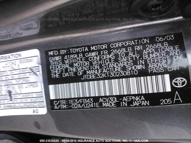 JTDBE32K130230810 - 2003 TOYOTA CAMRY LE/XLE GRAY photo 9