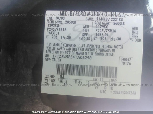 1FTZR45E54TA06258 - 2004 FORD RANGER SUPER CAB 黑色 照片 9