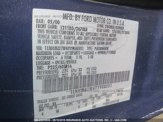 1LNHM81W4YY908551 - 2000 LINCOLN TOWN CAR EXECUTIVE BLUE photo 9