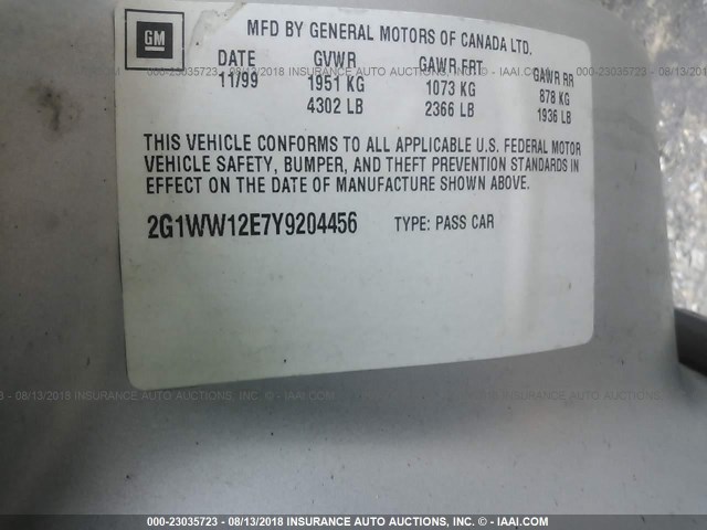 2G1WW12E7Y9204456 - 2000 CHEVROLET MONTE CARLO LS 银色 照片 9