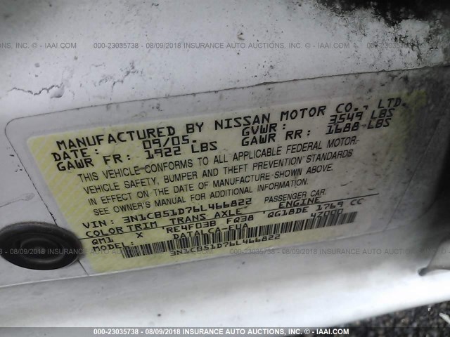 3N1CB51D76L466822 - 2006 NISSAN SENTRA 1.8/1.8S WHITE photo 9