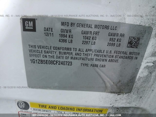 1G1ZB5E08CF240723 - 2012 CHEVROLET MALIBU LS WHITE photo 9