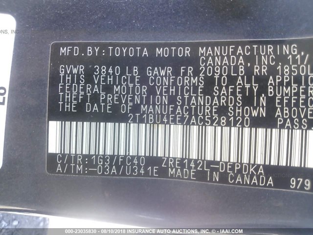 2T1BU4EE7AC528120 - 2010 TOYOTA COROLLA S/LE/XLE GRAY photo 9