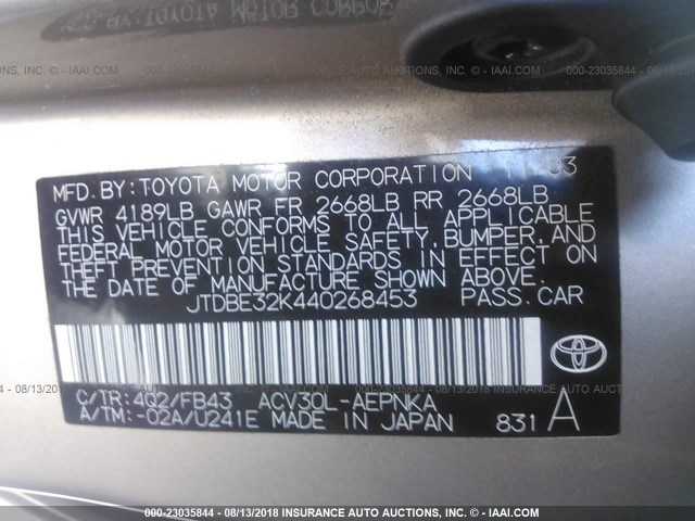 JTDBE32K440268453 - 2004 TOYOTA CAMRY LE/XLE Champagne photo 9