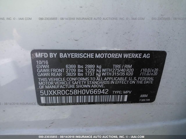 5UXKR0C58H0V66942 - 2017 BMW X5 XDRIVE35I WHITE photo 9