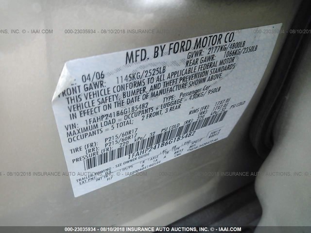 1FAHP24186G185482 - 2006 FORD FIVE HUNDRED SEL GOLD photo 9