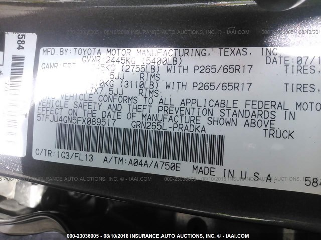 5TFJU4GN5FX089517 - 2015 TOYOTA TACOMA DOUBLE CAB PRERUNNER GRAY photo 9