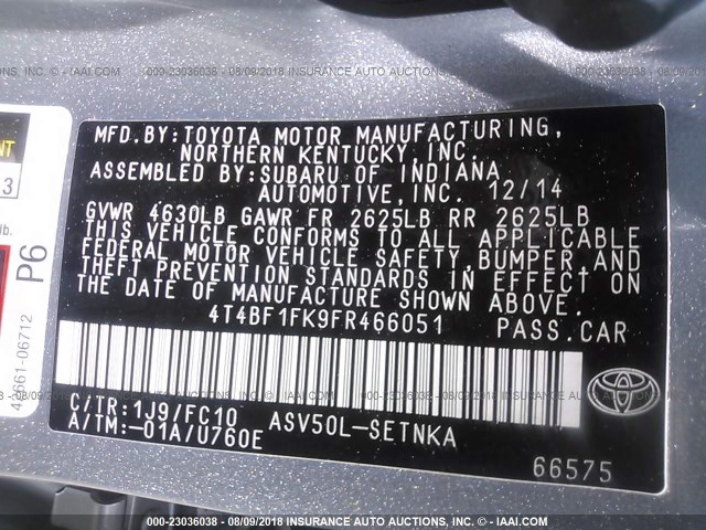 4T4BF1FK9FR466051 - 2015 TOYOTA CAMRY LE/XLE/SE/XSE SILVER photo 9