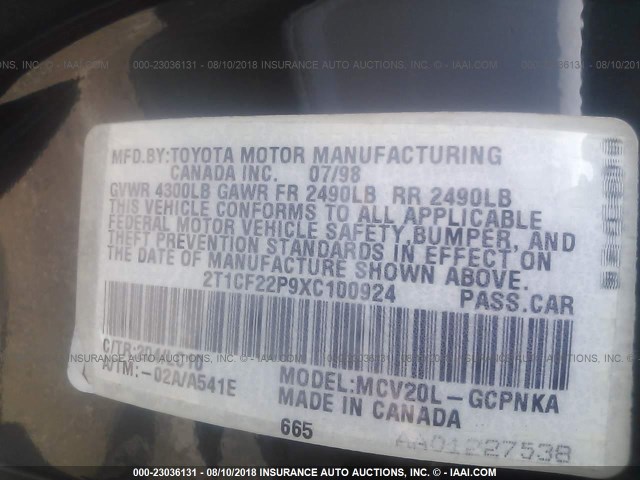 2T1CF22P9XC100924 - 1999 TOYOTA CAMRY SOLARA SE/SLE 黑色 照片 9