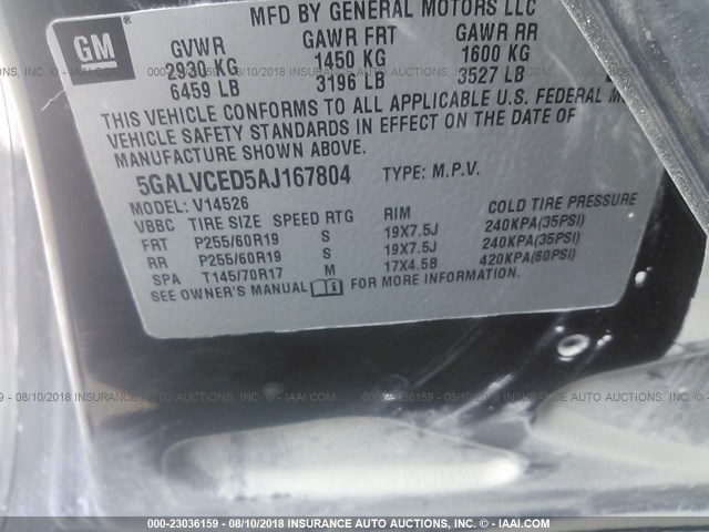 5GALVCED5AJ167804 - 2010 BUICK ENCLAVE CXL ნაცრისფერი ფოტო 9