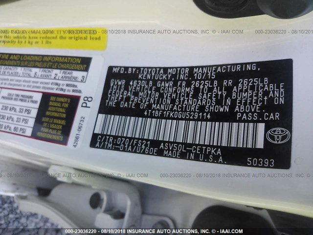 4T1BF1FK0GU529114 - 2016 TOYOTA CAMRY LE/XLE/SE/XSE 白色 照片 9