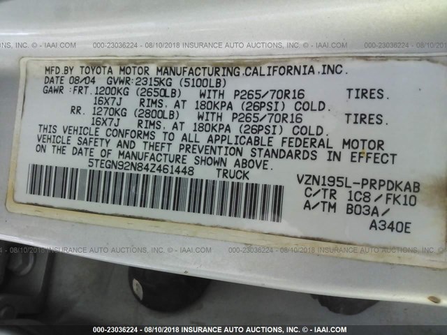 5TEGN92N84Z461448 - 2004 TOYOTA TACOMA DOUBLE CAB PRERUNNER GRAY photo 9