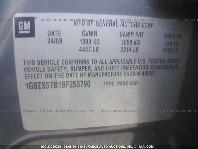 1G8ZS57B18F253790 - 2008 SATURN AURA XE GRAY photo 9