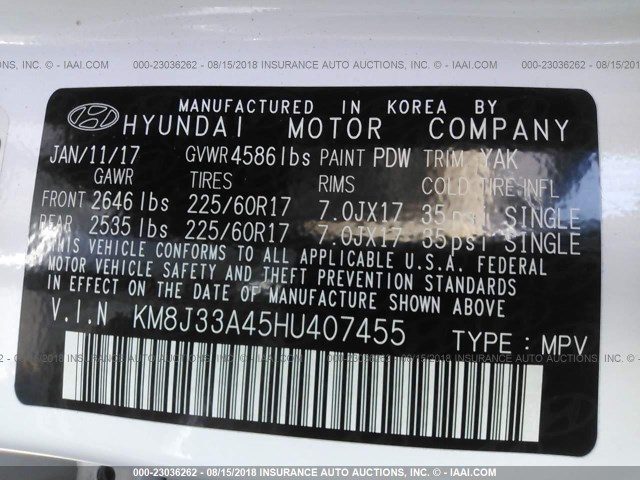 KM8J33A45HU407455 - 2017 HYUNDAI TUCSON LIMITED/SPORT AND ECO/SE WHITE photo 9