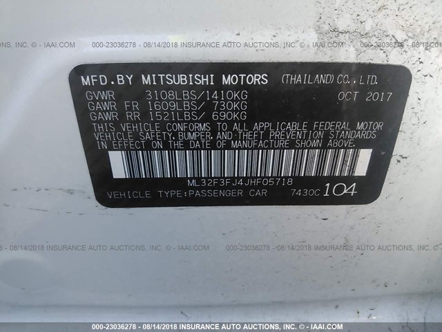 ML32F3FJ4JHF05718 - 2018 MITSUBISHI MIRAGE G4 ES Blanco foto 9