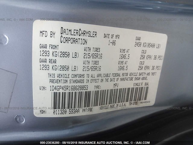 1D4GP45R16B628853 - 2006 DODGE CARAVAN SXT BLUE photo 9