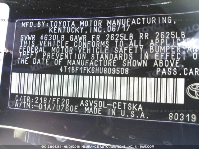 4T1BF1FK6HU809508 - 2017 TOYOTA CAMRY LE/XLE/SE/XSE 黑色 照片 9