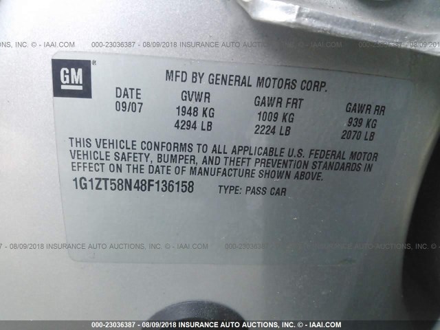 1G1ZT58N48F136158 - 2008 CHEVROLET MALIBU LT/CLASSIC SILVER photo 9