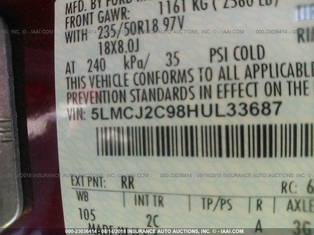 5LMCJ2C98HUL33687 - 2017 LINCOLN MKC SELECT 红色 照片 9